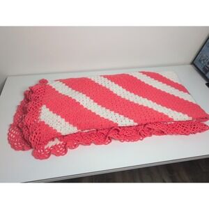 Huge Vintage Afghan Granny Knit Blanket 60's White Salmon Pink Striped 100"x100"